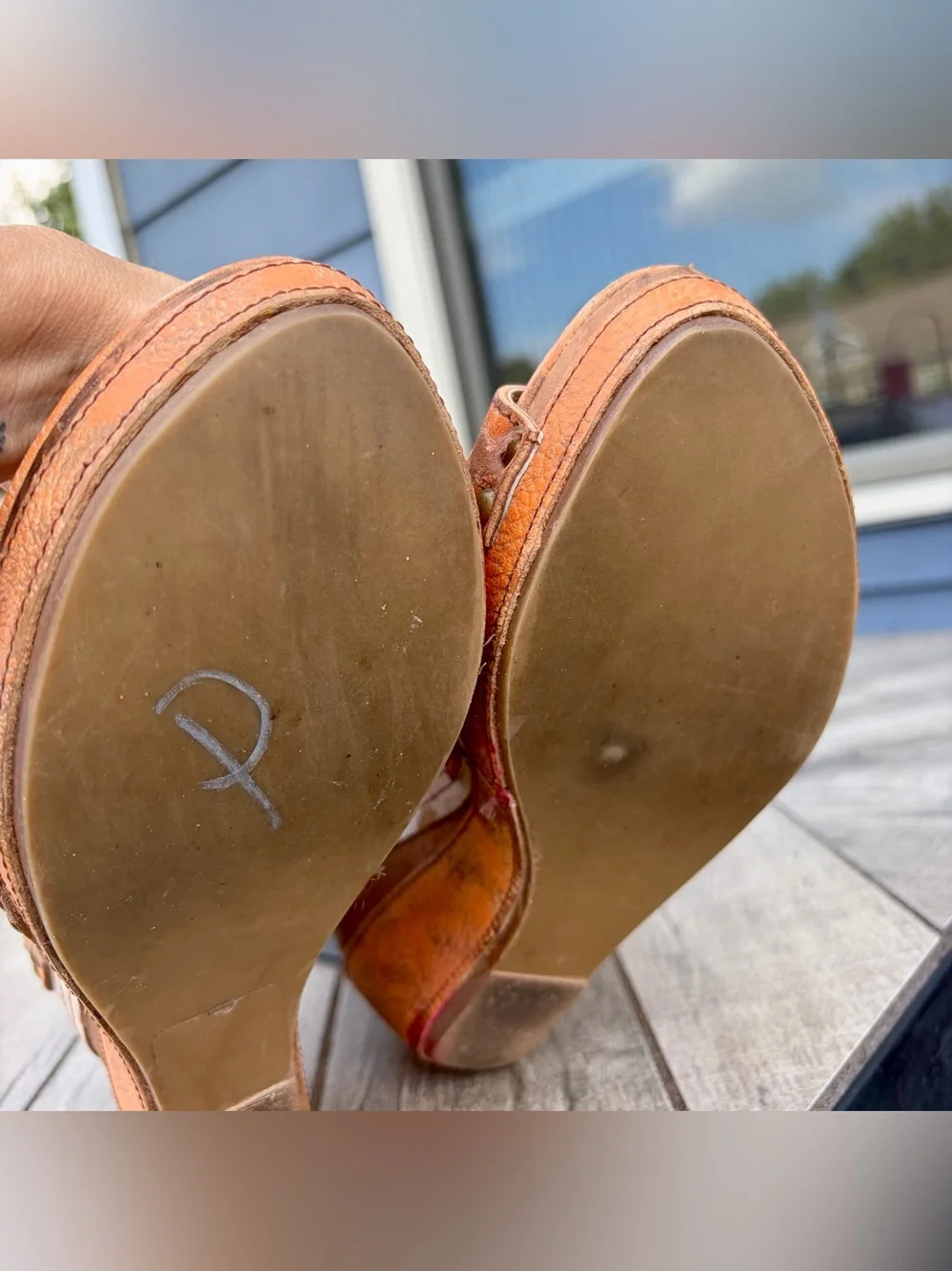 Bed Stu Juliana Sandals Sz 8.5B Strappy Wooden Platform Distressed Orange Rustic